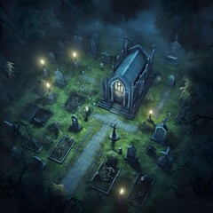 DnD Battlemap Cemetery at Dusk: Mysterious and Eerie Atmosphere.