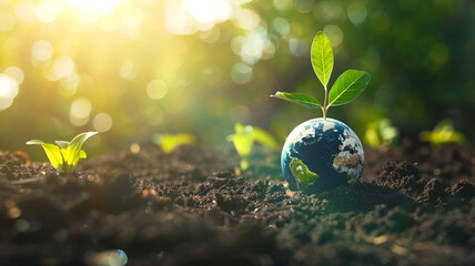Green earth globe on soil with sunlight and green leaf banner design for world environment day concept with copy space area for text