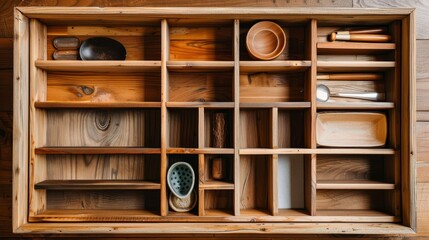 Clean and organized empty drawer with dividers made of wood, highlighting intricate craftsmanship and organized spaces