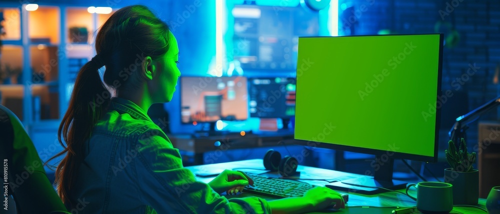 Poster an asian game developer codes on a desktop computer with green screens on display in her game design