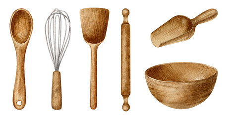 Set of wooden kitchen utensil elements spoon, bowl, rolling pin, whisk, scoop. Watercolor isolated...