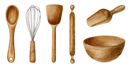 Set of wooden kitchen utensil elements spoon, bowl, rolling pin, whisk, scoop. Watercolor isolated hand drawn illustrations. Clipart of cooking tool for label, packaging, card,for bakehouse, bakeshop