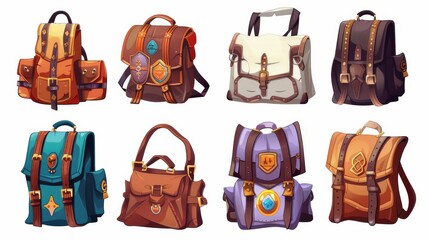 Set of cartoon backpacks isolated on white. Modern illustration of textile and leather school bag with badges, travel rucksack, luggage handbag with handle. Tourism adventure gear.