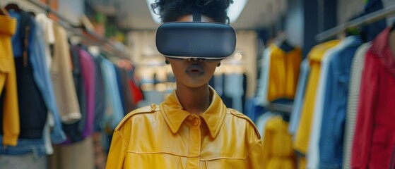 Fototapeta premium Women using Virtual Reality Headsets for Online Shopping, Using Mock-up Internet Store App for e-Commerce. Augmented Reality.