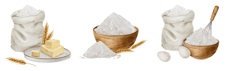 Set of bakery ingredients. Fabricate bakery products. Isolated hand drawn watercolor illustrations for recipes for design of labels and packaging, cards, logo for the bakehouse and bakeshop.