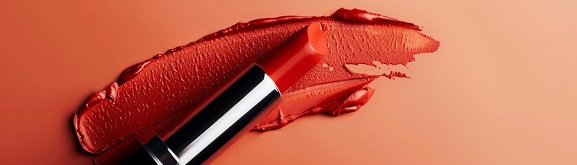 A closeup of bright red lipstick being applied against a peachy background, emphasizing vibrant...