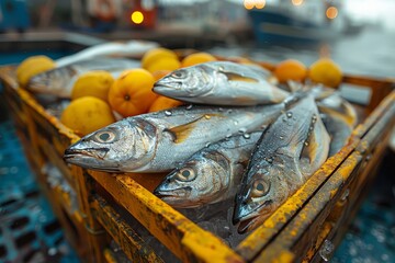 Freshly caught fish and bright lemons occupy a blue fishing crate, symbolizing freshness and flavor