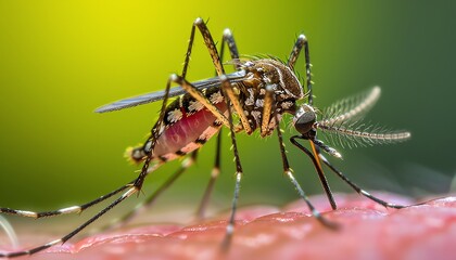 Fototapeta premium A mosquito closeup on human skin, feeding with fine detail, natural lighting creating a vivid macro perspective