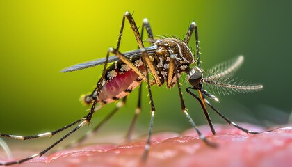 A mosquito closeup on human skin, feeding with fine detail, natural lighting creating a vivid macro perspective