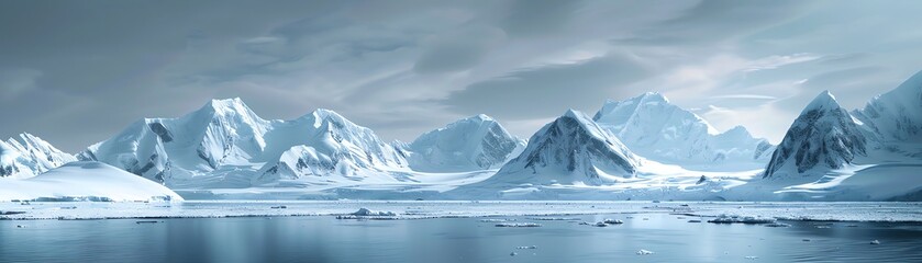 A panoramic shot of the pristine and icy mountain landscape of Antarctica under a subdued sky - Powered by Adobe