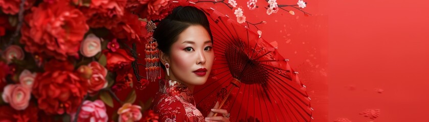 A woman in traditional Asian attire poses with an umbrella in front of vivid red, surrounded by floral decor, emphasizing elegance and cultural heritage