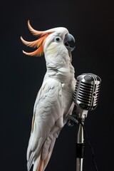 A white cockatoo with its crest raised stands near a classic microphone, singing joyfully against a sleek, dark background, capturing the lively spirit of an unexpected entertainer