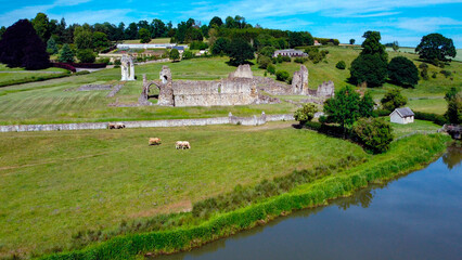 Aerial view of the ruins of Kirkham Priory, situated on the banks of the River Derwent at Kirkham, North Yorkshire, England. The Augustinian priory was founded in the 1120.  