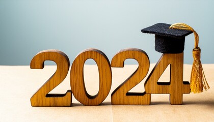Wooden number 2024 with graduated cap. Class of 2024 concept.2024