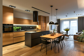 A contemporary Warsaw apartment kitchen, with polished oak wooden floors, modern European...