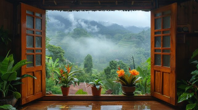 Fototapeta window overlooking forest in the rain Bali 