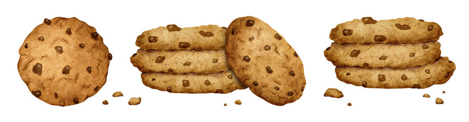 Set of Chocolate chip cookies. Homemade biscuits. Isolated hand drawn watercolor illustrations of Bakery product for design of labels and packaging, cards, logo for the bakehouse and bakeshop.