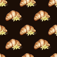 Watercolor seamless pattern of Croissants, vanilla flowers and pods. Traditional French breakfast bun. Background of Pastry for design of labels, packaging of goods, cards, for bakehouse, bakeshop.
