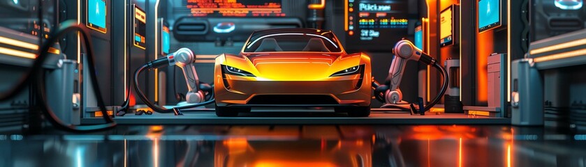 Obraz premium Glowing neon orange electric car charging at a futuristic station, surrounded by robotic arms and digital screens, lowangle perspective