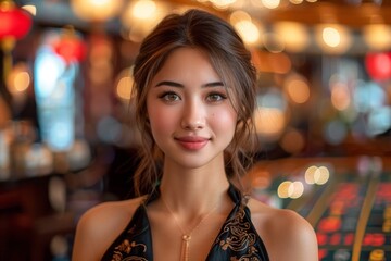 A charming young woman smiles warmly in a vibrant bar setting with bokeh lights