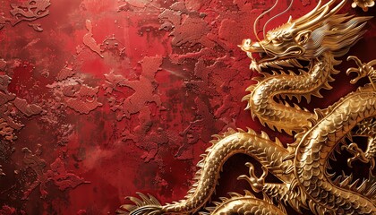 Obraz premium Ornate golden dragon sculpture on a deep red textured wall, symbolizing power and elegance Highcontrast side lighting highlights intricate details Closeup view for dramatic impact