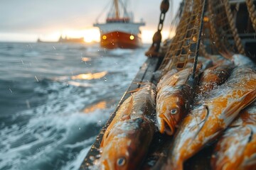 Obraz premium A photograph capturing fish freshly caught in a net against the backdrop of the ocean and a fishing boat