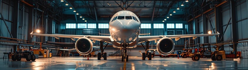 Passenger jet inside an aircraft hangar, surrounded by maintenance equipment Straighton shot with ambient lighting revealing the plane s size and precision