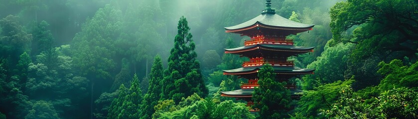 Fototapeta premium Traditional Japanese pagoda nestled in a lush forest, its redlacquered tiers contrasting with the verdant green of the surrounding trees, eyelevel shot