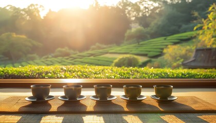 Traditional teahouse veranda overlooking lush tea fields, ceramic cups arranged neatly on a tatami...