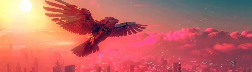 3D render pop art of a giant mechanical eagle soaring through a synthwave color sunset, with an expansive cyber city below, illustration template