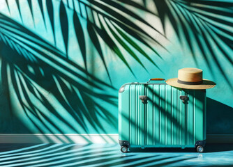 Vacation Ready: Turquoise Suitcase and Straw Hat