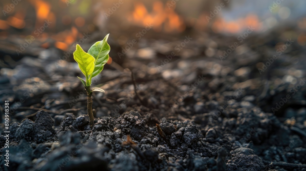 Sticker On World Environment Day let s celebrate the resilience of nature with a captivating close up shot of a tiny sapling sprouting amid the ashes in a post fire zone highlighting the vital impo