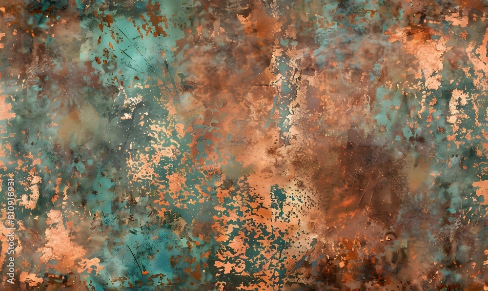 Wall mural seamless oxidized copper patina sheet metal wall panel grunge background texture, generative ai