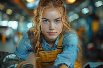 An attentive young blonde mechanic in blue attire, with a serious expression while working