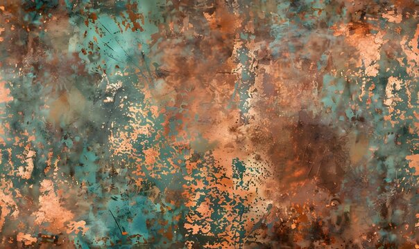 Seamless oxidized copper patina sheet metal wall panel grunge background texture, Generative AI