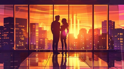 Cartoon couple standing near city building view window. Orange, yellow, purple downtown exterior at sunset with a cityscape landscape backdrop.