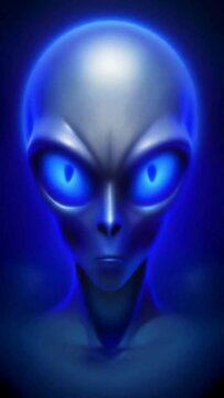 Animation of an alien&rsquo;s head isolated on a blue background, close-up.