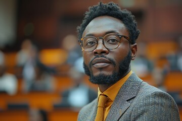 Fototapeta premium Portrait of a fashionable man with a beard wearing glasses and a tweed suit, with a blurry background