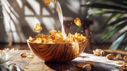 Milk is poured in cornflakes in wooden bowl. Exploding of cornflakes. Aesthetic rustic breakfast concept. Generative AI