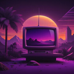 Old TV against the backdrop of desert mountains. Retro 80s background, 3D rendering