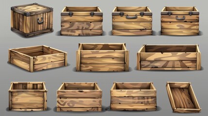 Modern illustration of empty wooden crates isolated on transparent background for food packaging, transportation, storage, and warehouses.