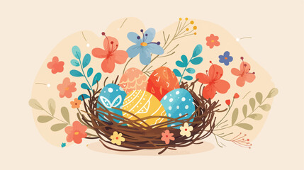 Happy Easter eggs Birds nest with colorful eggs and style