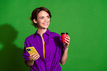 Photo of lady in shirt coffee break at office enjoying warm tea surfing internet thinking look...