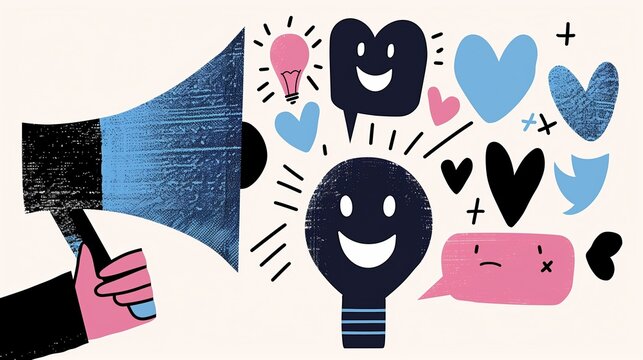 Hand gripping a megaphone, from which burst various positive icons, symbolizing the spread of referral marketing messages.