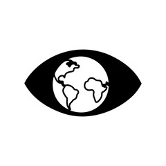 Black silhouette of an eye with a detailed globe as the pupil, emphasizing global vigilance.