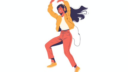 Happy girl in headphones. Young woman dancing with en