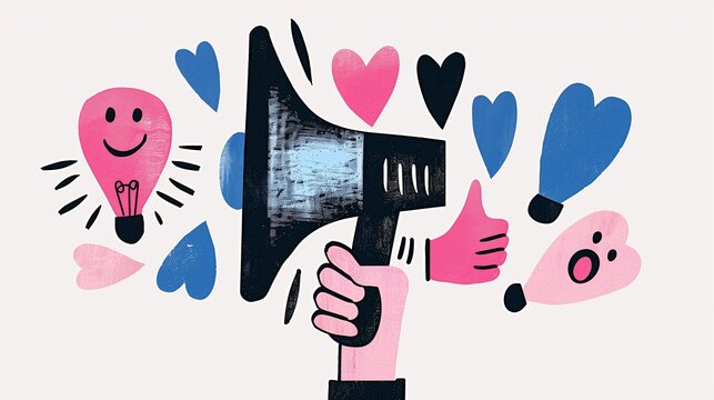 Hand gripping a megaphone, from which burst various positive icons like thumbs up and hearts, symbolizing the concept of constructive feedback in a vibrant, stylized manner.