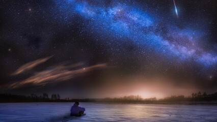 Astrophotography Landscape with Man Watching Stars 
