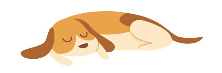 Cute sleeping dog vector illustration isolated on white background. White-ginger puppy with long ears and tail rest on floor. Lying tired pet