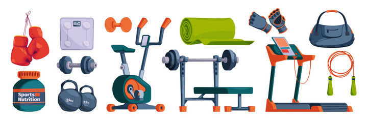 Gym equipment for workout set. Training accessories for sport club or home exercises. Treadmill, bike, dumbbells, bench with barbell, jump rope, mat, bag, scale, gloves. Isolated vector illustration